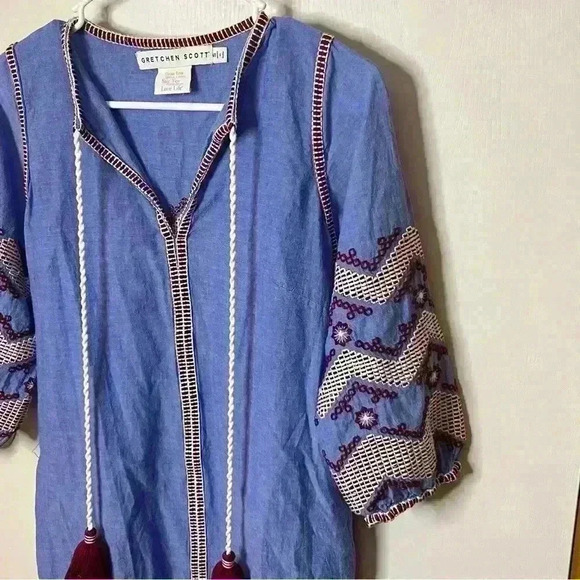 Gretchen Scott Crocheted Tunic Dress Women Small Blue Red/white Tassel Mini - Picture 2 of 10